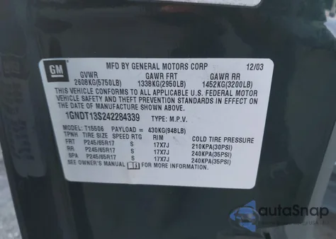 2004 Chevrolet Trailblazer Lt from USA, damaged, VIN 1GNDT13S242284339